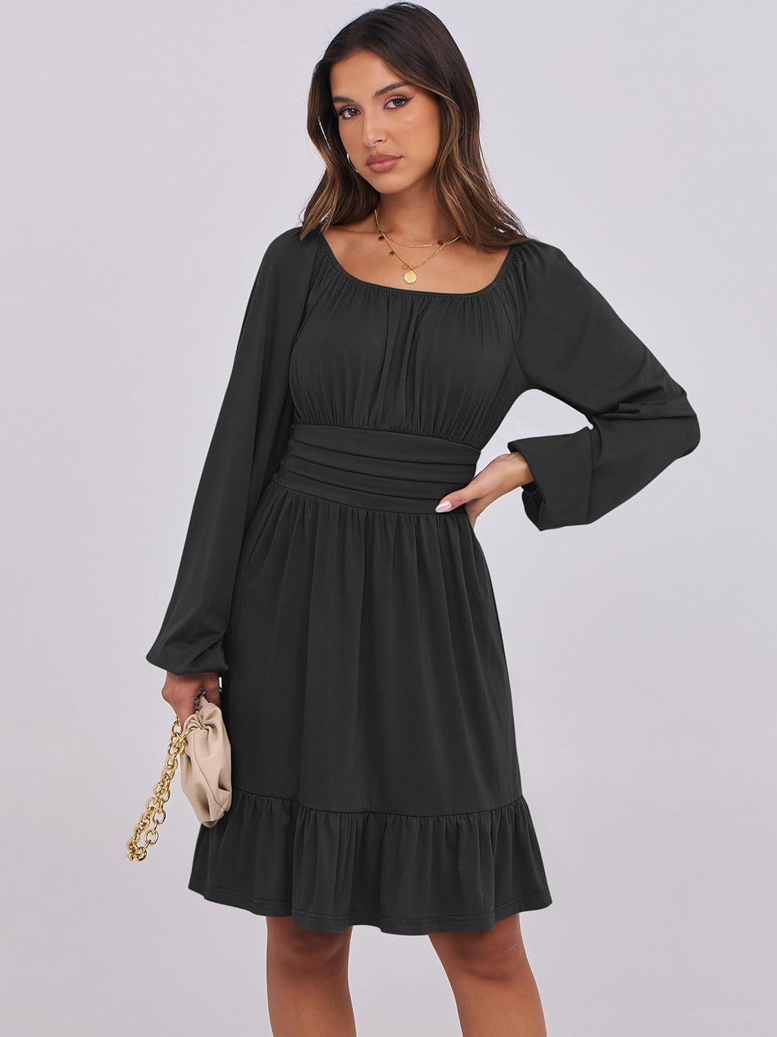 ANRABESS Womens Dress Long Lantern Sleeve Square Neck Elastic Waist Ruffle Flowy Swing A-Line Short Dresses 2025 Fall Fashion