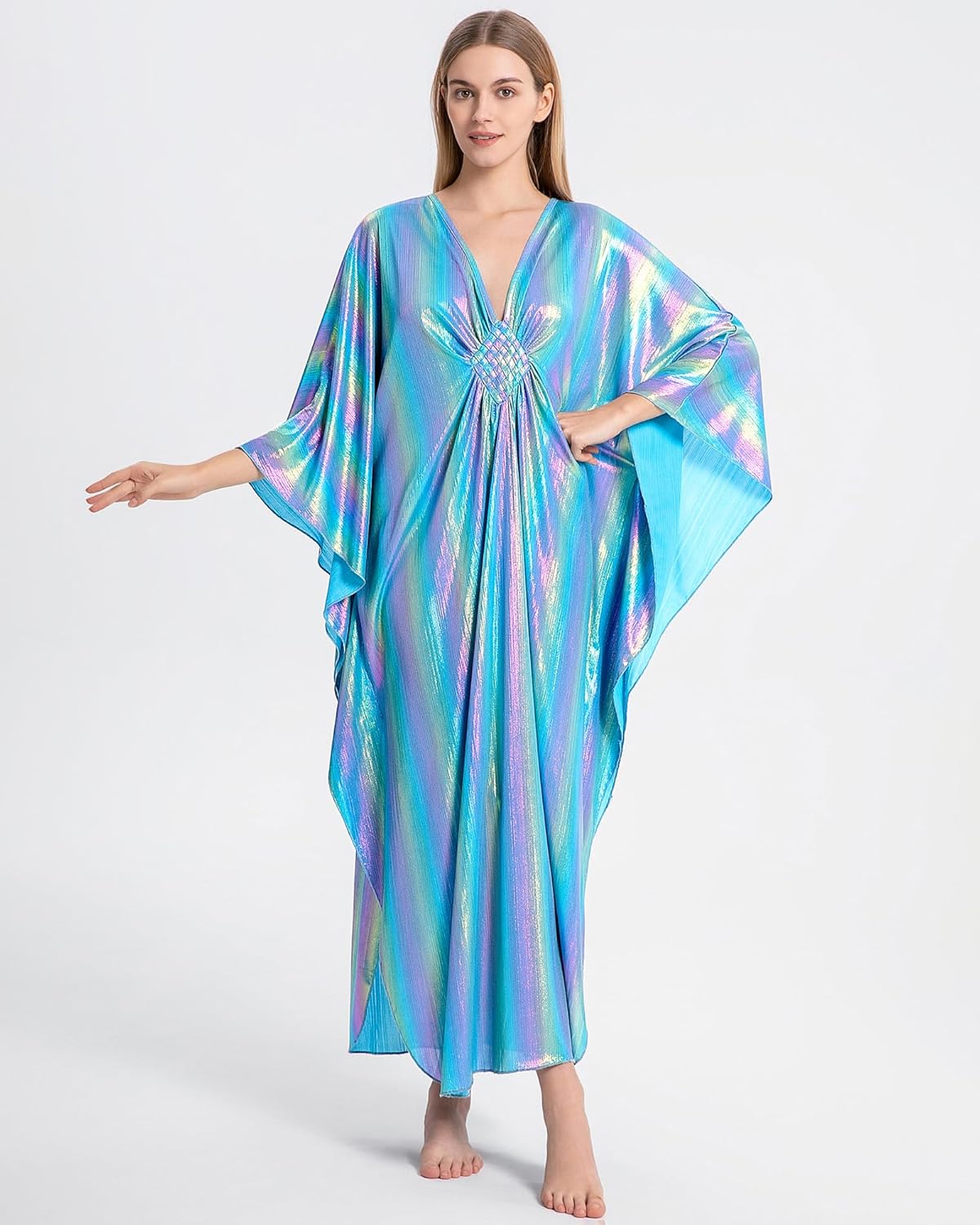 Bsubseach Kaftan Dresses for Women Sparkly Glitter Batwing Sleeve Kaftan Cover Up Beach Maxi Dress Loungewear