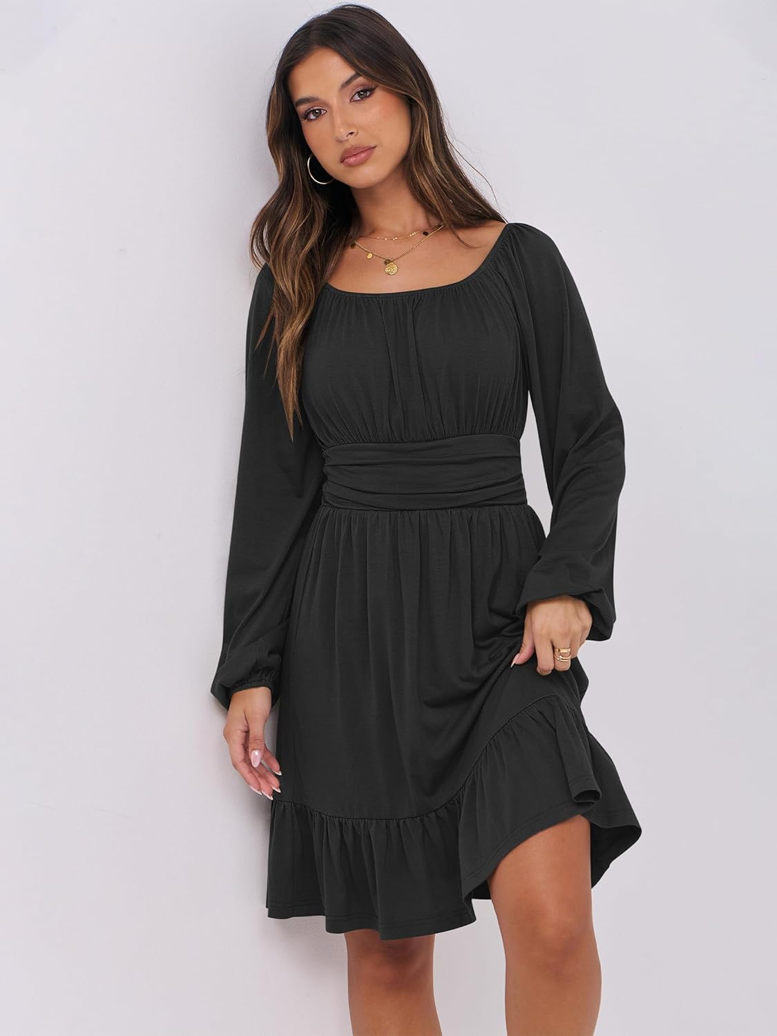ANRABESS Womens Dress Long Lantern Sleeve Square Neck Elastic Waist Ruffle Flowy Swing A-Line Short Dresses 2025 Fall Fashion