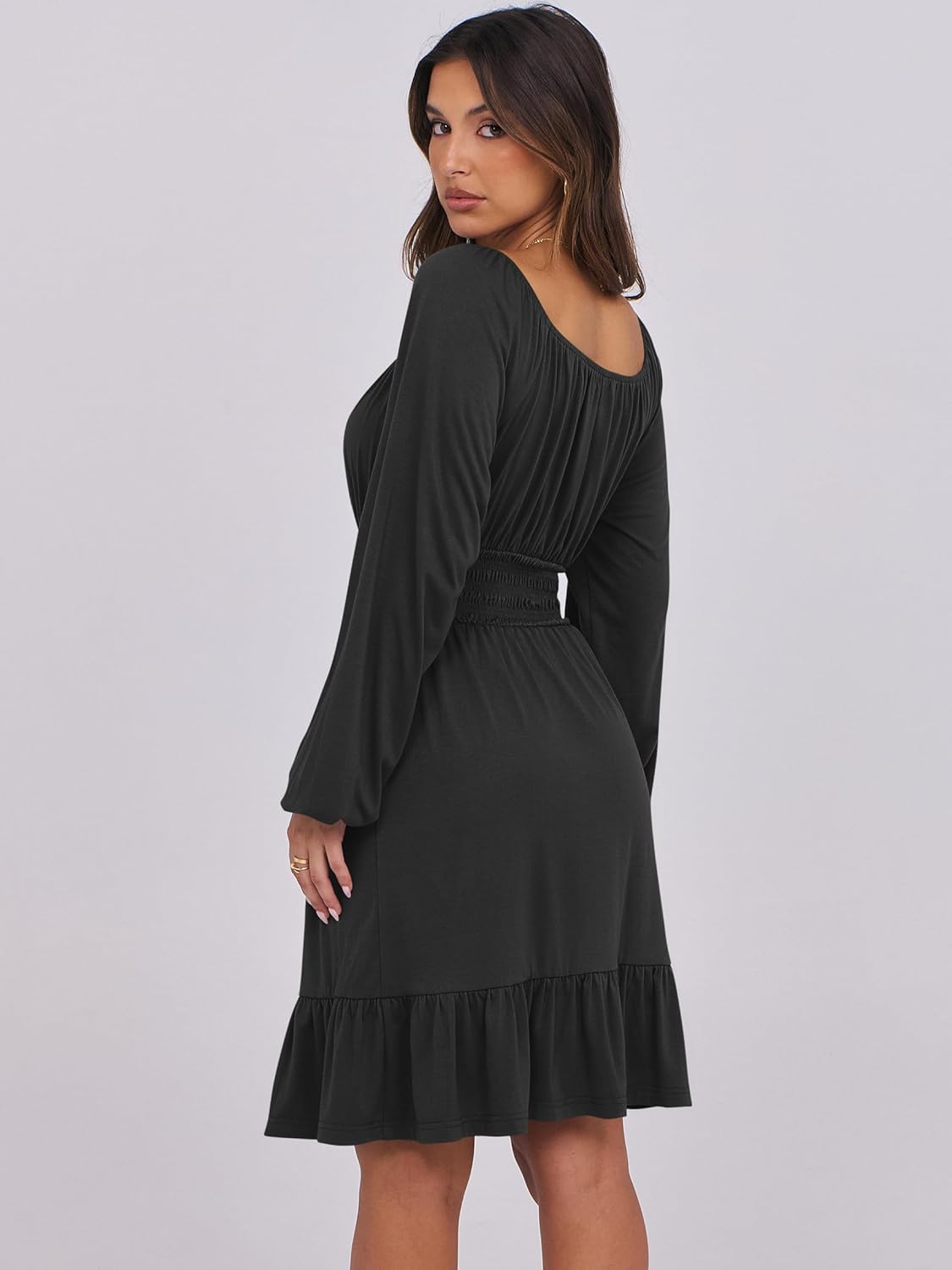 ANRABESS Womens Dress Long Lantern Sleeve Square Neck Elastic Waist Ruffle Flowy Swing A-Line Short Dresses 2025 Fall Fashion