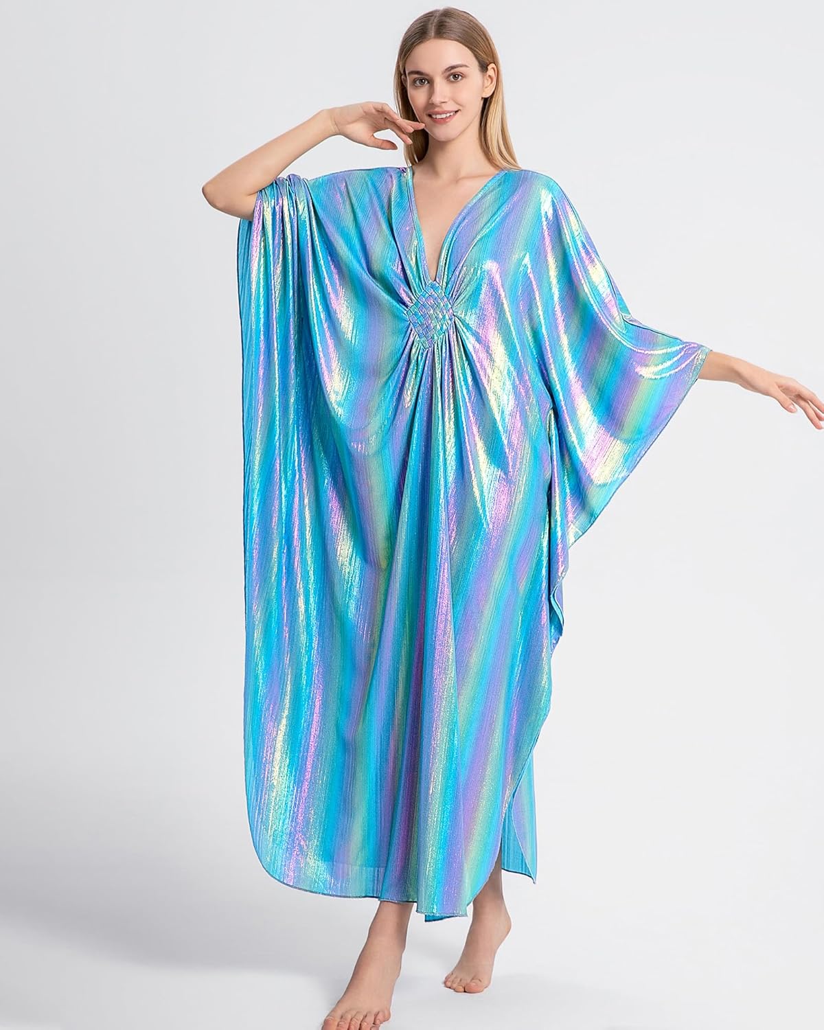 Bsubseach Kaftan Dresses for Women Sparkly Glitter Batwing Sleeve Kaftan Cover Up Beach Maxi Dress Loungewear