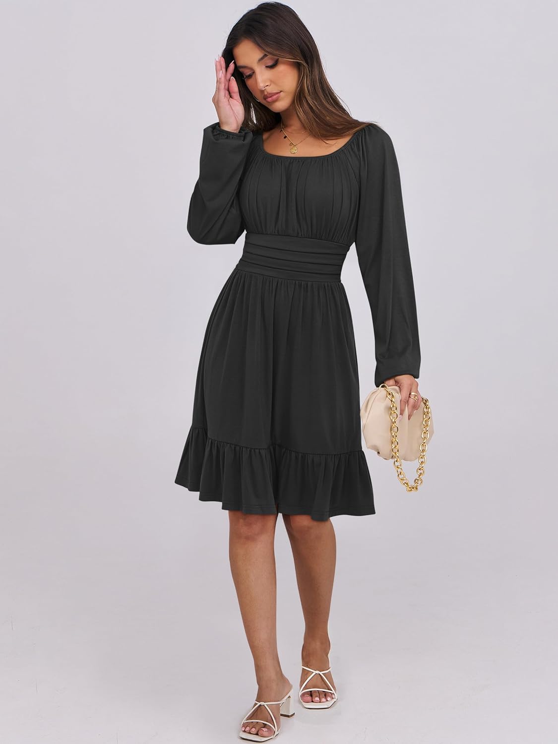 ANRABESS Womens Dress Long Lantern Sleeve Square Neck Elastic Waist Ruffle Flowy Swing A-Line Short Dresses 2025 Fall Fashion