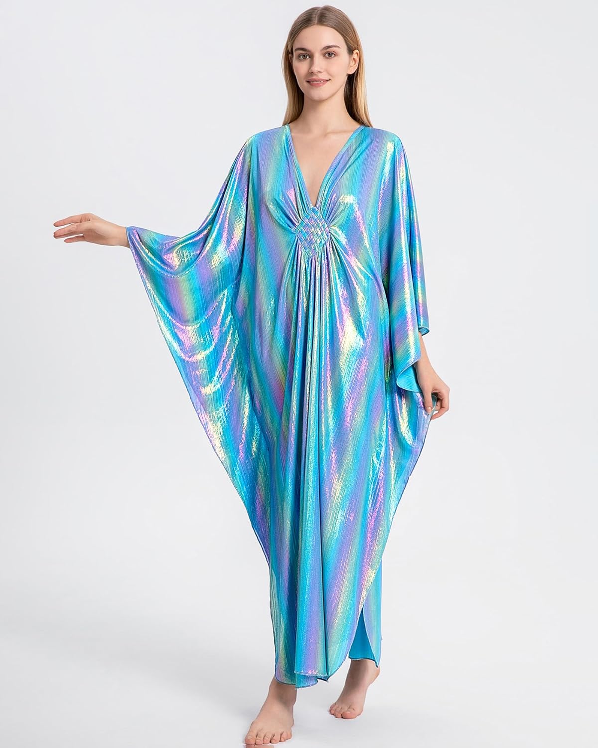 Bsubseach Kaftan Dresses for Women Sparkly Glitter Batwing Sleeve Kaftan Cover Up Beach Maxi Dress Loungewear