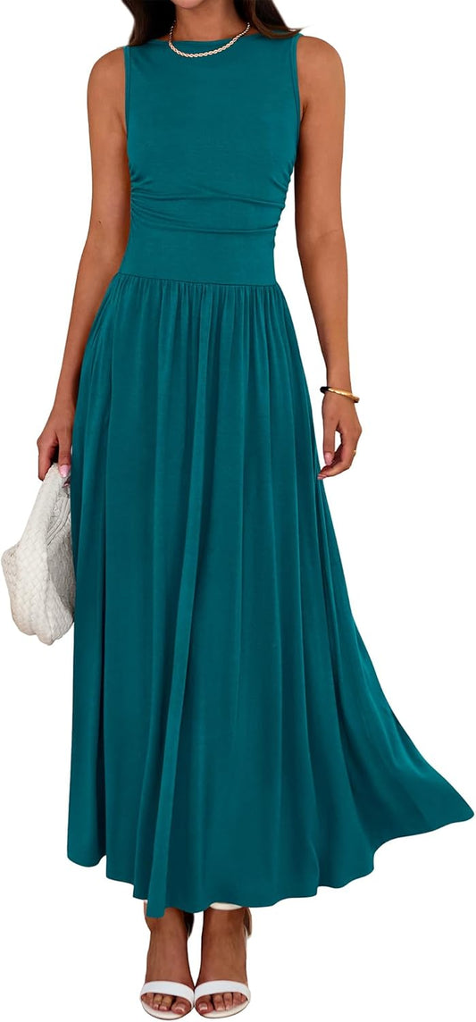 BTFBM Summer Maxi Dresses for Women 2025 Sleeveless Casual Ruched High Waisted Tank Long Sundress Flowy Beach Fall Dress