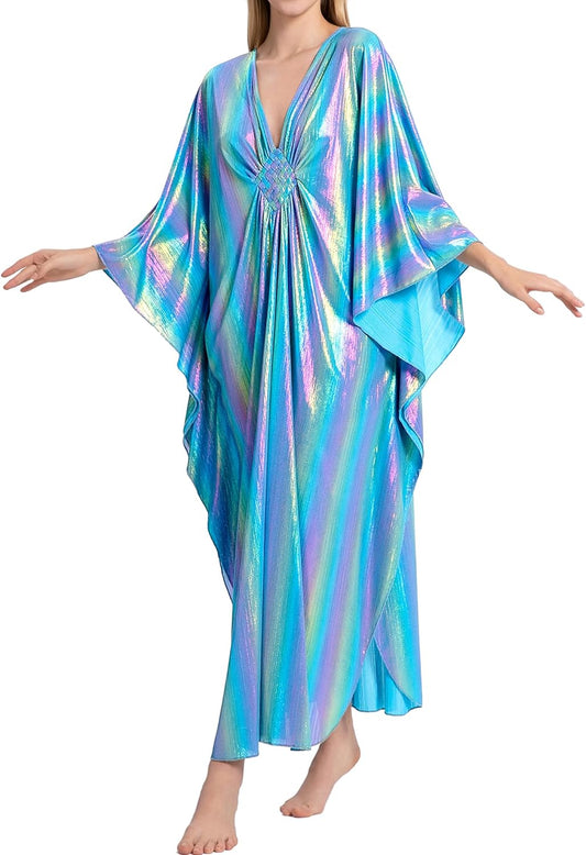 Bsubseach Kaftan Dresses for Women Sparkly Glitter Batwing Sleeve Kaftan Cover Up Beach Maxi Dress Loungewear