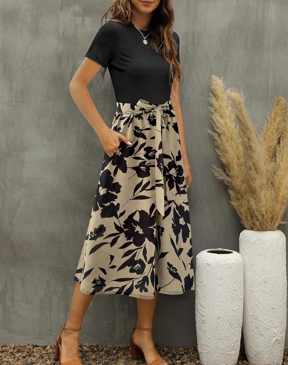 Zattcas Women 2025 Summer Dress Short Sleeve Ribbed Teacher Church Modest Business Casual Work Outfits Midi Dress