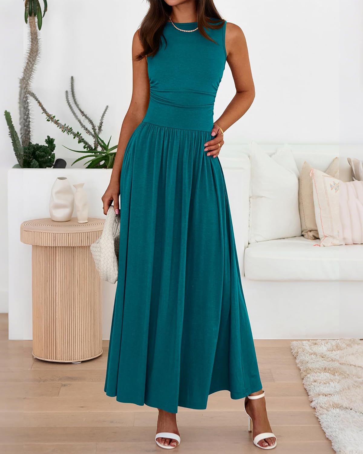 BTFBM Summer Maxi Dresses for Women 2025 Sleeveless Casual Ruched High Waisted Tank Long Sundress Flowy Beach Fall Dress